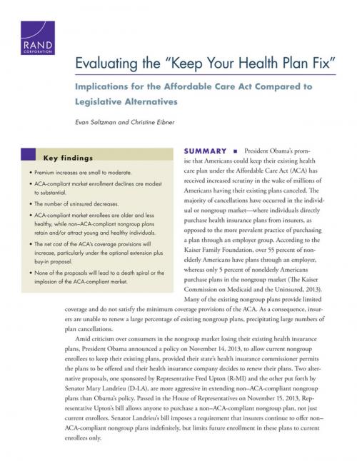 Cover of the book Evaluating the "Keep Your Health Plan Fix" by Evan Saltzman, Christine Eibner, RAND Corporation