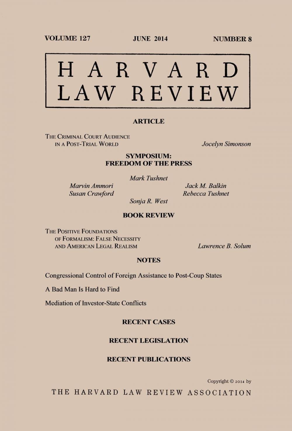 Big bigCover of Harvard Law Review: Volume 127, Number 8 - June 2014