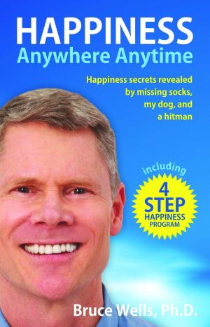 Book cover of Happiness Anywhere Anytime: Happiness secrets revealed by missing socks, my dog, and a hitman