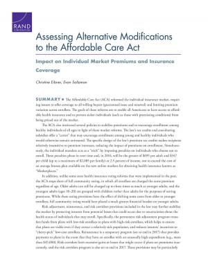Cover of the book Assessing Alternative Modifications to the Affordable Care Act by Ashley Pierson, Lynn A. Karoly, Megan K. Beckett, Gail L. Zellman