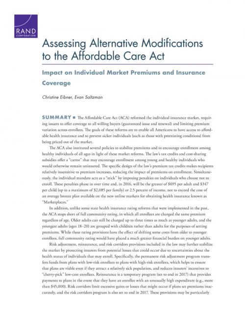 Cover of the book Assessing Alternative Modifications to the Affordable Care Act by Christine Eibner, Evan Saltzman, RAND Corporation