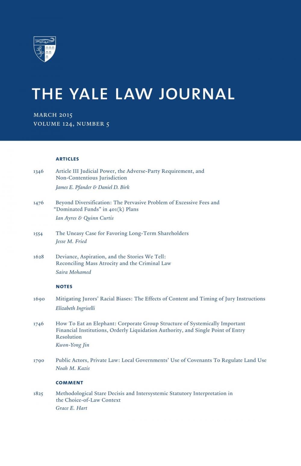 Big bigCover of Yale Law Journal: Volume 124, Number 5 - March 2015