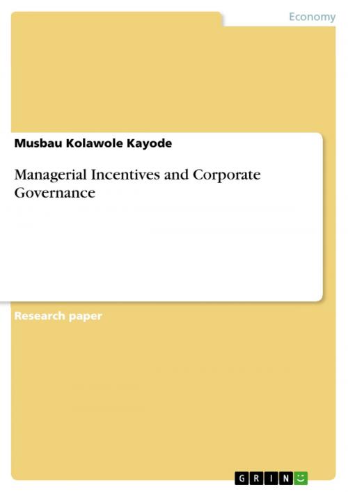 Cover of the book Managerial Incentives and Corporate Governance by Musbau Kolawole Kayode, GRIN Publishing