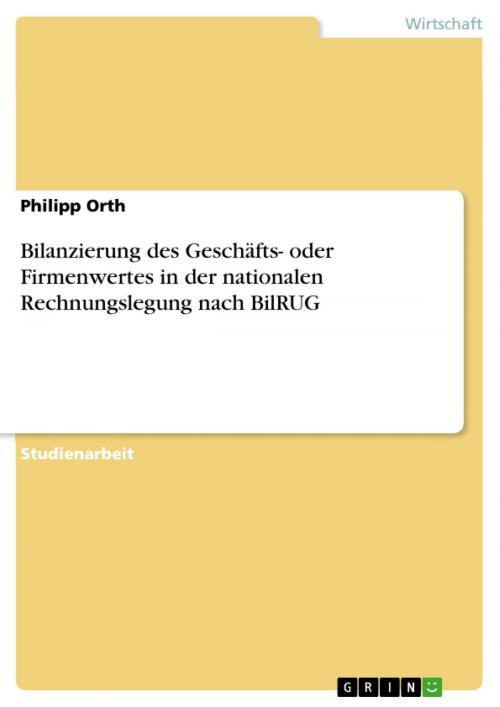 Cover of the book Bilanzierung des Geschäfts- oder Firmenwertes in der nationalen Rechnungslegung nach BilRUG by Philipp Orth, GRIN Verlag