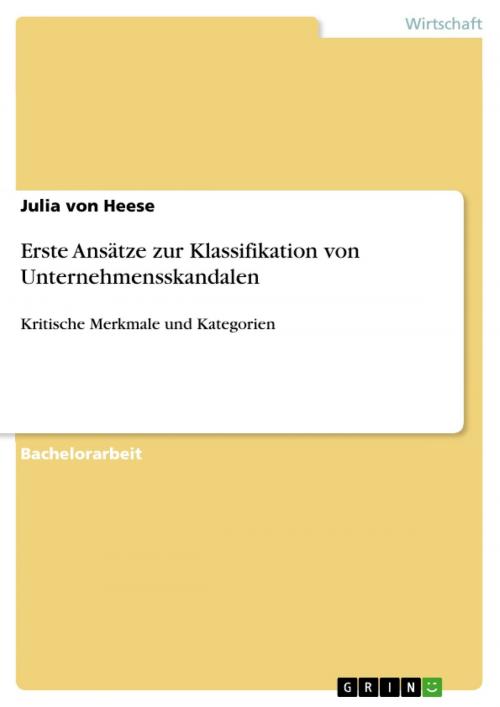 Cover of the book Erste Ansätze zur Klassifikation von Unternehmensskandalen by Julia von Heese, GRIN Verlag