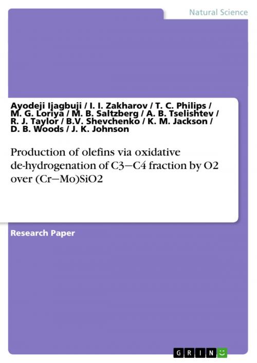 Cover of the book Production of olefins via oxidative de-hydrogenation of C3-C4 fraction by O2 over (Cr-Mo)SiO2 by Ayodeji Ijagbuji, I. I. Zakharov, T. C. Philips, M. G. Loriya, M. B. Saltzberg, A. B. Tselishtev, R., GRIN Publishing