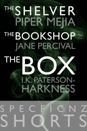 Book cover of SpecFicNZ Shorts: "The Shelver" by Piper Mejia, "The Bookshop" by Jane Percival, and "The Box" by I.K. Paterson-Harkness