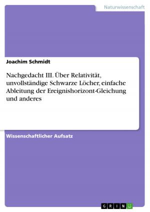Cover of the book Nachgedacht III. Über Relativität, unvollständige Schwarze Löcher, einfache Ableitung der Ereignishorizont-Gleichung und anderes by Anja Schmidt