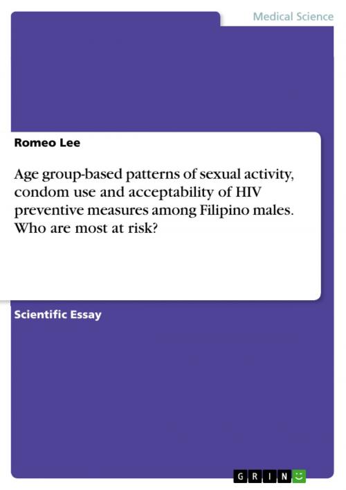 Cover of the book Age group-based patterns of sexual activity, condom use and acceptability of HIV preventive measures among Filipino males. Who are most at risk? by Romeo Lee, GRIN Publishing