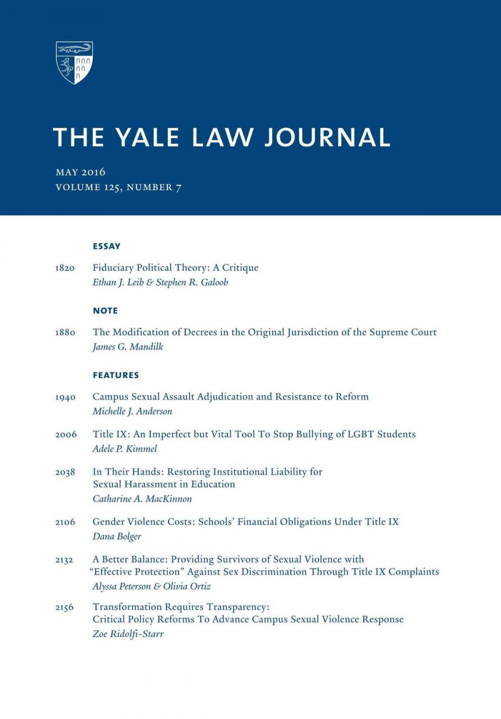 Big bigCover of Yale Law Journal: Volume 125, Number 7 - May 2016