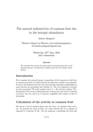 Cover of the book The natural radioactivity of common fruit due to the isotopic abundances by Helen Moon