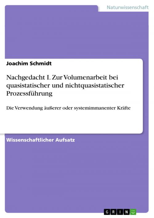 Cover of the book Nachgedacht I. Zur Volumenarbeit bei quasistatischer und nichtquasistatischer Prozessführung by Joachim Schmidt, GRIN Verlag