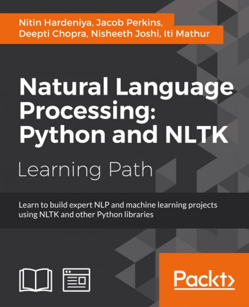 Cover of the book Natural Language Processing: Python and NLTK by Nitin Hardeniya, Jacob Perkins, Deepti Chopra, Nisheeth Joshi, Iti Mathur, Packt Publishing