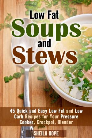 Book cover of Low Fat Soups and Stews: 45 Quick and Easy Low Fat and Low Carb Recipes for Your Pressure Cooker, Crockpot, Blender