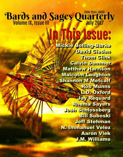 Cover of the book Bards and Sages Quarterly (July 2017) by Aaron Vlek, Calvin Demmer, N Immanuel Velez, Mickie Bolling-Burke, David Cleden, Rob Munns, Tom Clink, Matthew Harrison, Malcolm Laughton, Shannon M Metcalf, L.D. Oxford, Jay Requard, Rhema Sayers, Josh Schlossberg, Jeff Stehman, Bill Suboski, J.M. Williams, Bards and Sages Publishing