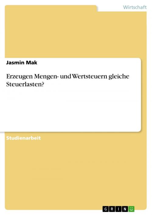 Cover of the book Erzeugen Mengen- und Wertsteuern gleiche Steuerlasten? by Jasmin Mak, GRIN Verlag