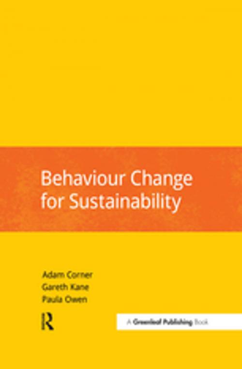 Cover of the book Behaviour Change for Sustainability by Paula Owen, Adam Corner, Gareth Kane, Taylor and Francis