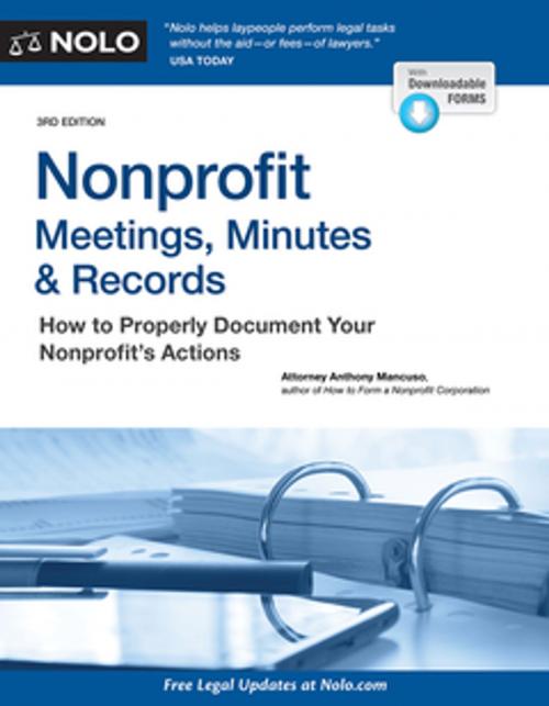 Cover of the book Nonprofit Meetings, Minutes & Records by Anthony Mancuso, Attorney, NOLO