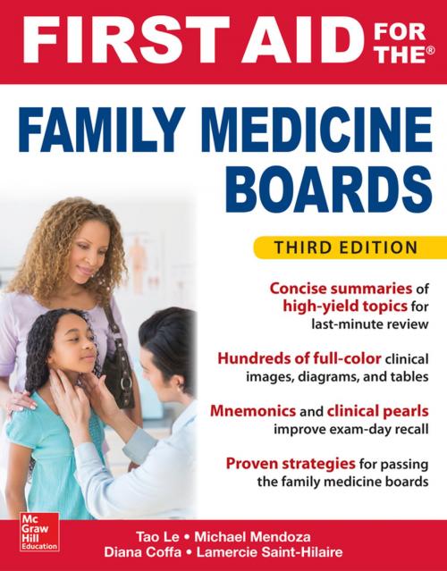 Cover of the book First Aid for the Family Medicine Boards, Third Edition by Tao Le, Michael Mendoza, Diana Coffa, Lamercie Saint-Hilaire, McGraw-Hill Education